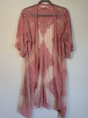 Romantic Boho Dusty Rose Lace Duster – Sheer Floral Mesh Kimono – S/M